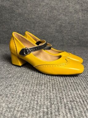 Women’s Yellow Mary Jane Brogue Block Heel Pumps Retro Style Size 40/9